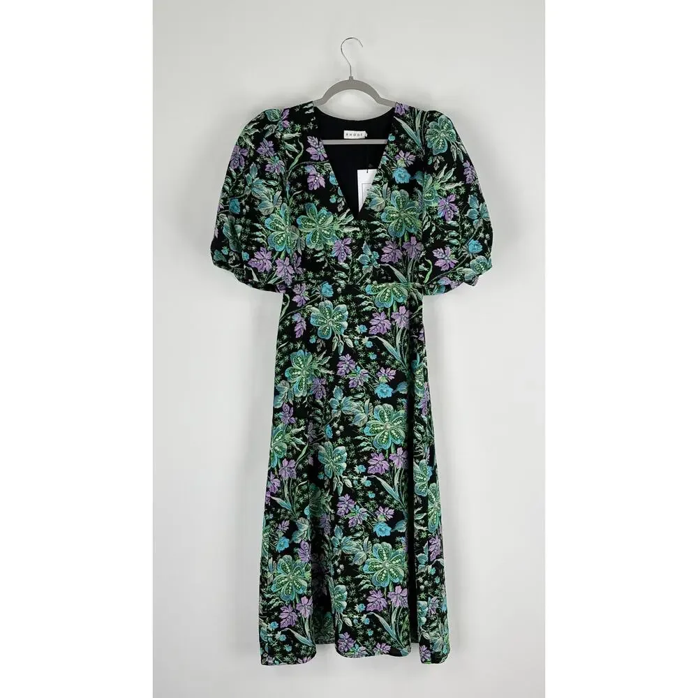 Rhode V Neck Floral Ina Midi Dress Hibiscus Women Size 4 New Bubble Short Sleeve